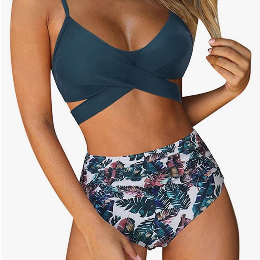 Criss Cross High Waisted Floral Bathing Suit